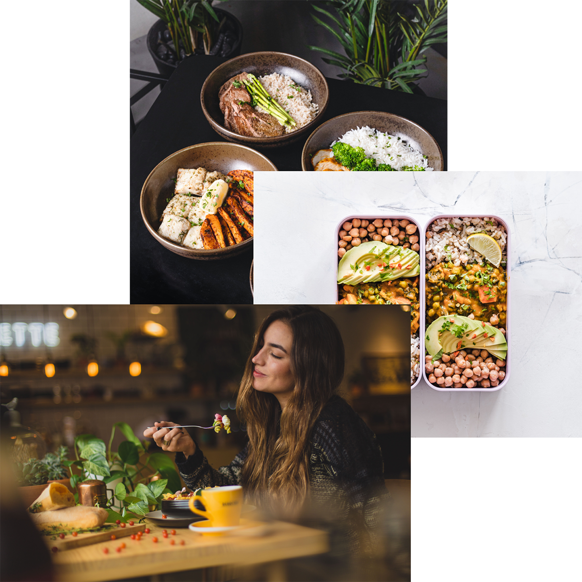 woman enjoying food, meals in storage container, and food bowls on a table